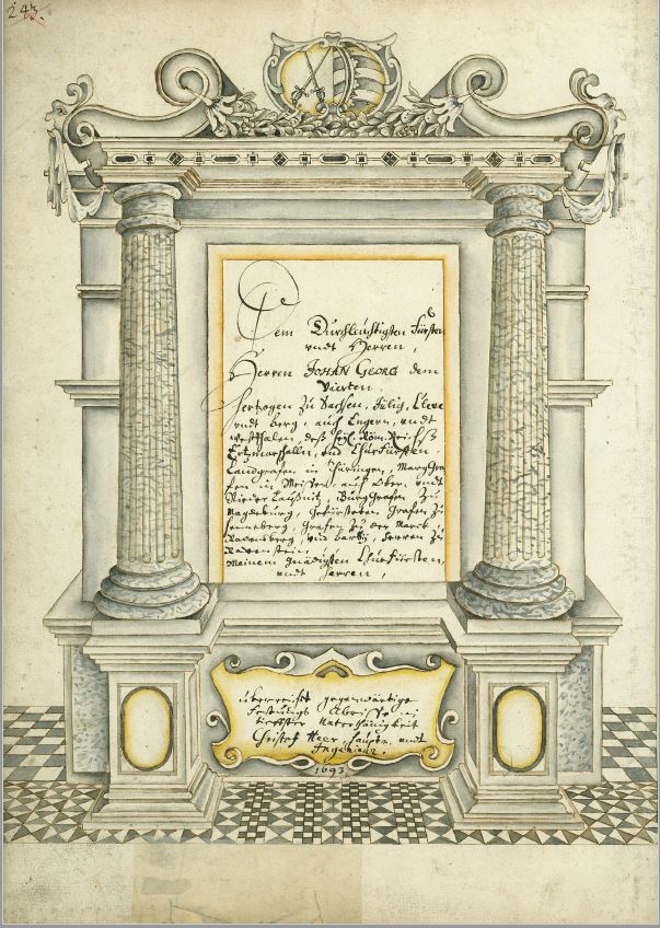Eine alte Handschrift umrahmt von gezeichneten Säulen