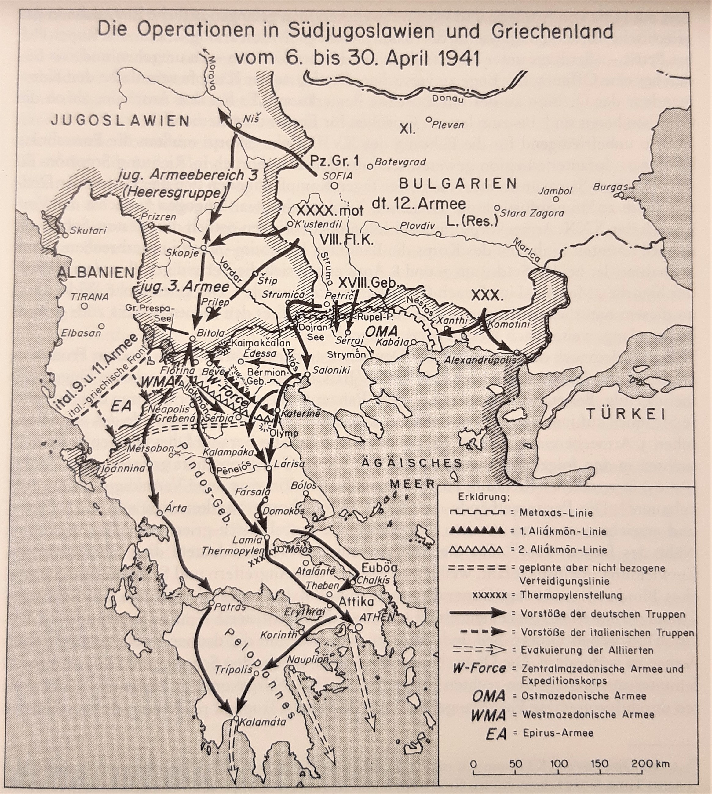 Der Griechenlandfeldzug der Wehrmacht 1941 in einer schematischen Darstellung.