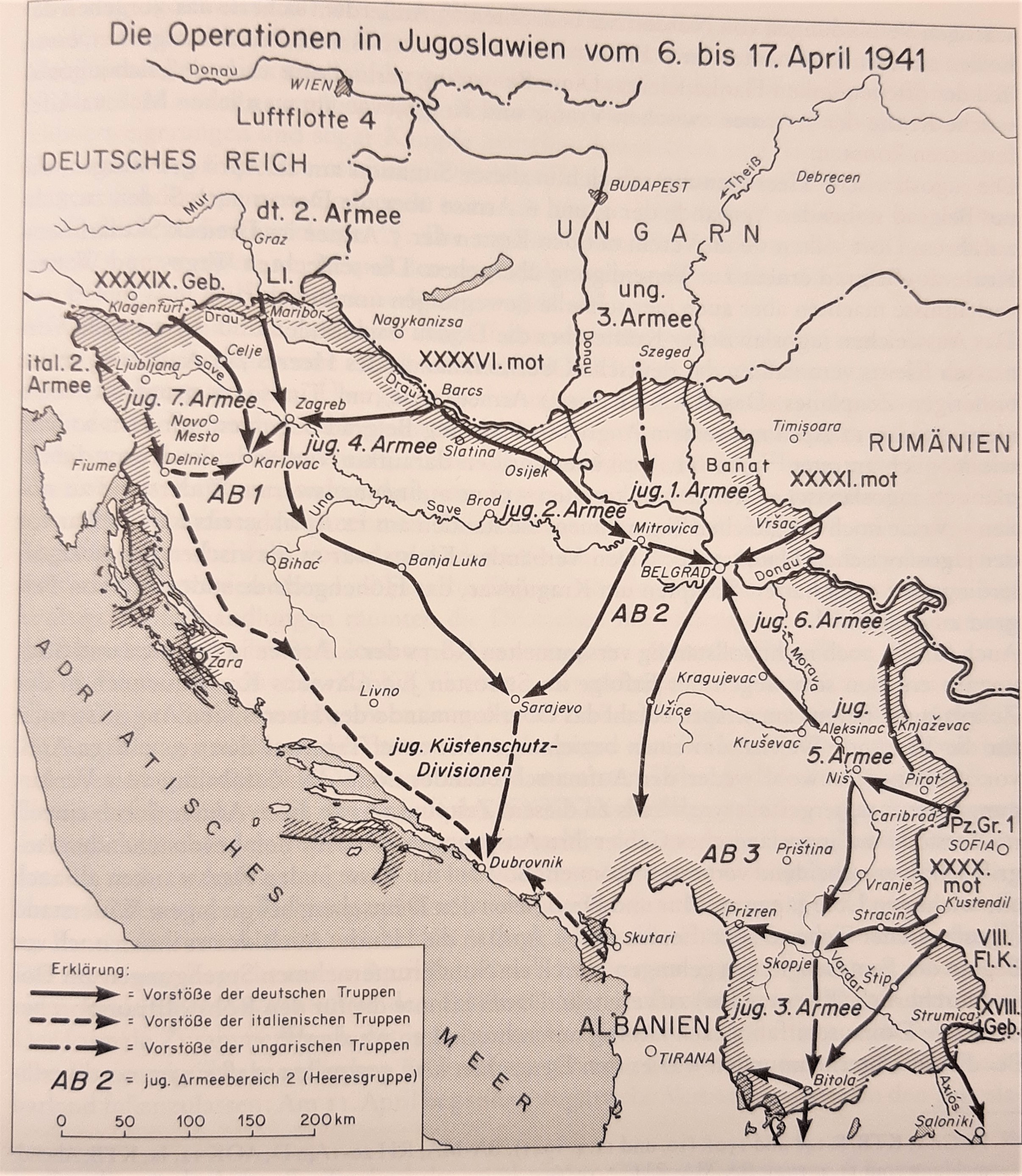 Der Jugoslawienfeldzug der Wehrmacht 1941 in einer schematischen Darstellung.