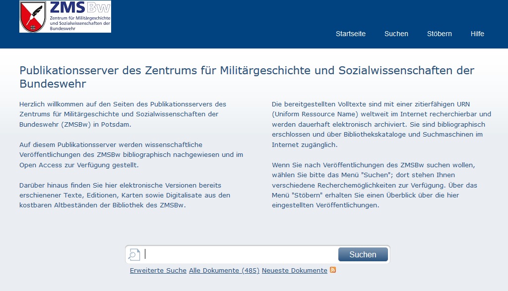 Screenshot der Startseite zu Opus - der Dokumentenserver des ZMSBw