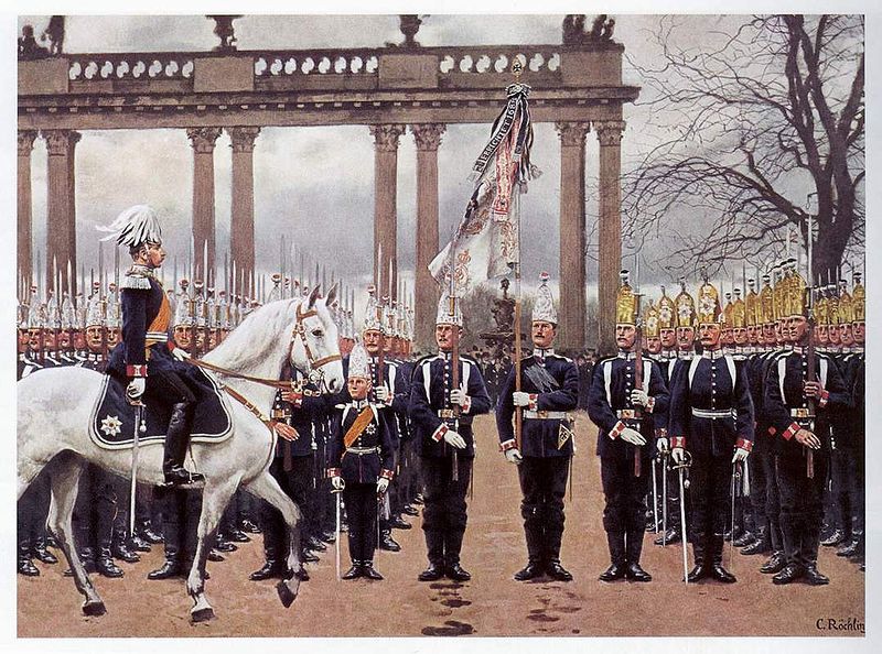 Kaiser Wilhelm II. reitet die Front des 1.Garde-Regiments zu Fuß ab.