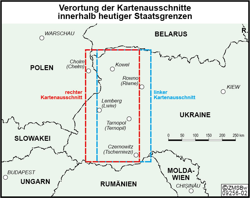 Kartenausschnitt mit roten und blauen Linien