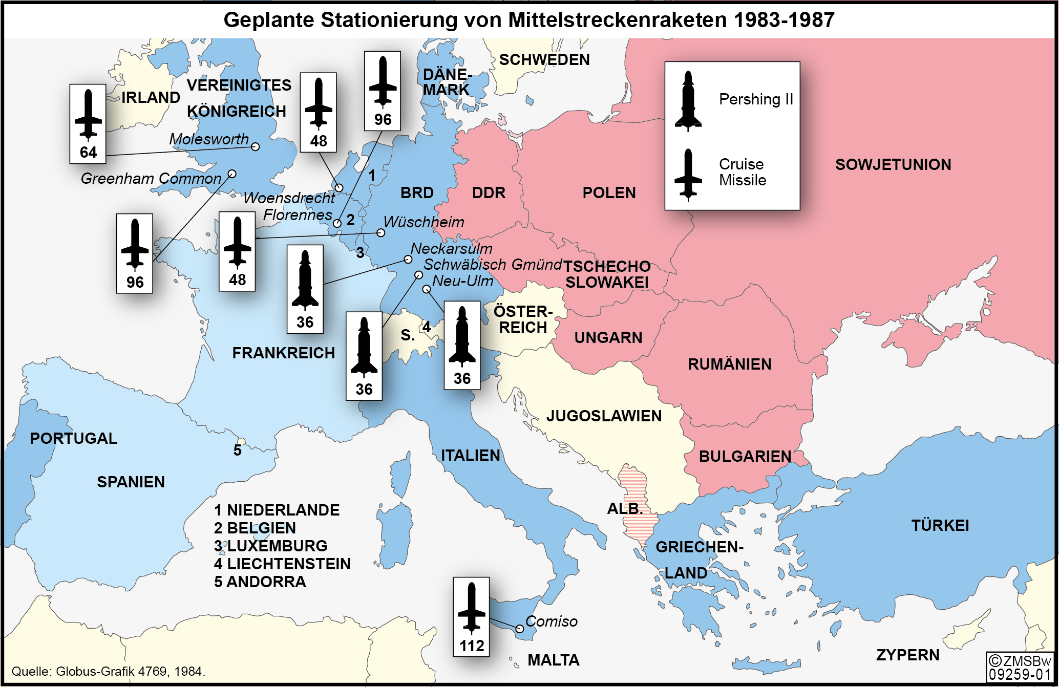 Grafik geplante Stationierung von Mittelstreckenraketen 1983–1987
