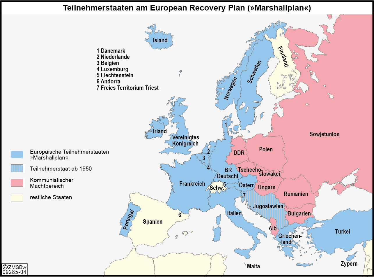 Teilnehmerstaaten des Marshallplan in blau und kommunistische Staaten in rot dargestellt