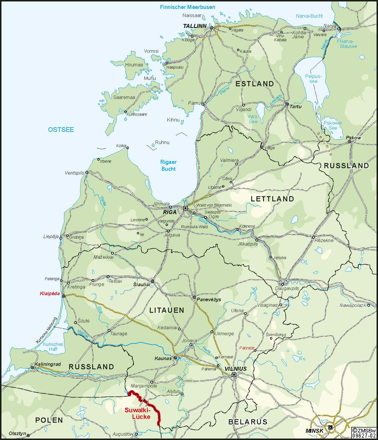 Karte zeigt die baltischen Staaten in grün, links die Ostsee, rechts die Nachbarn