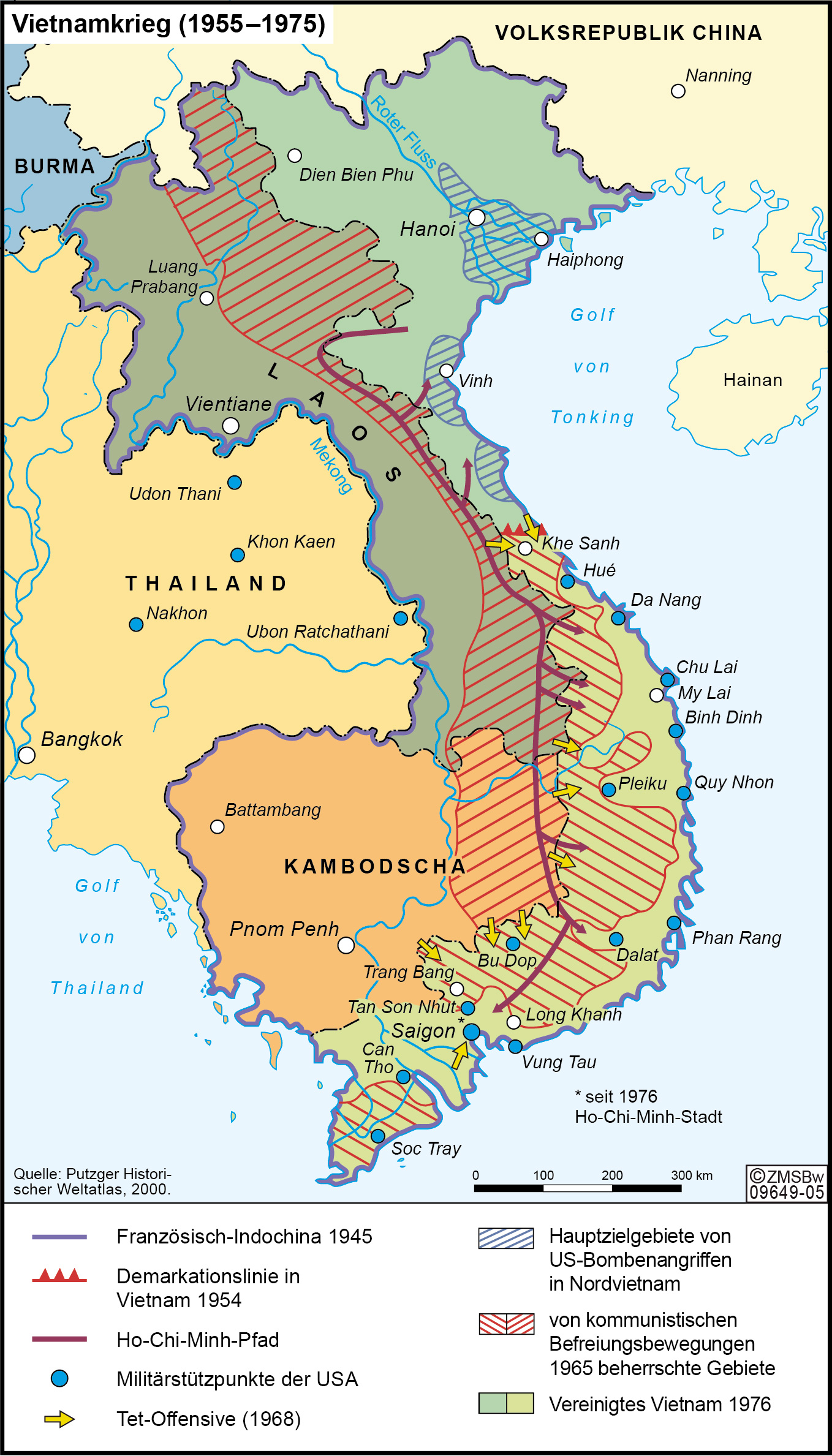 Karte, die den militärischen Verlauf des Vietnamkrieges darstellt.