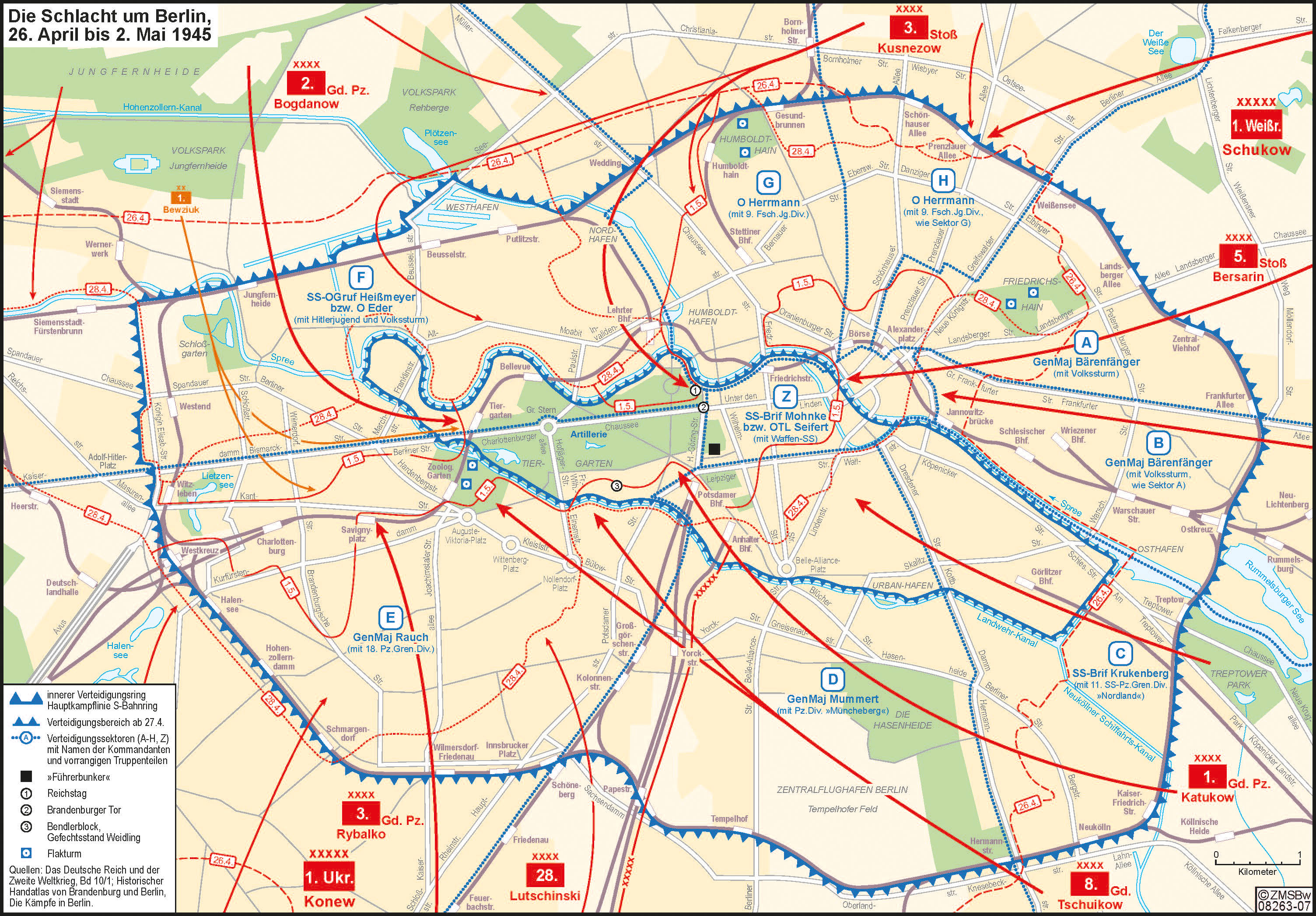 blaue Linien als Verteidigungsbereich bei der Schlacht um Berlin, 26. April bis 2. Mai 1945