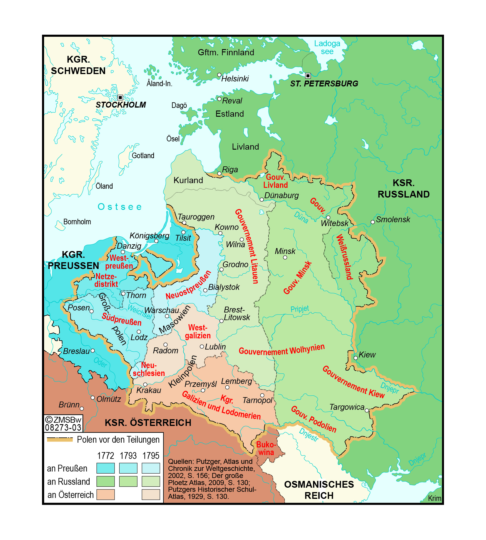 Landkarte über die Zeit am Ende des 18. Jh. in Osteuropa