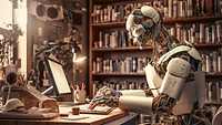 Ein Roboter sitzt an einem Schreibtisch vor einem Bildschirm und tippt in eine Tastatur
