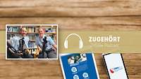 Zwei Männer die in der Folge sprechen hinter Mikrophonen und vor einem Bücherregal.