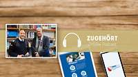 Zwei Herren blicken in die Kamera vor einem Bücherregal stehend, mit Kopfhörern in der Hand.