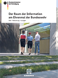 erste Seite einer Broschüre, zwei Frauen und ein Mann von hinten, gehen in steinernen Eingang