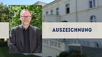 Bild mit Mann vor Büschen vor dem Hintergrundbild einer weißen Villa