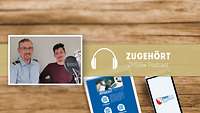 Ein Mann mit Brille und Uniform und einer in Zivil, sitzen vor einem Mikrofon und schauen freundlich in die Kamera