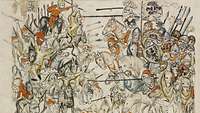 Ritter und Mongolen stehen sich gegenüber und sind an Wappen und Bekleidung zu unterscheiden