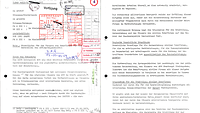 Maschinenschriftliches Dokument mit roten Stempeln und handschriftlichen Notizen
