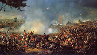 Viele Soldaten, Pulverdampf, Pferde, Tote und Verwundete