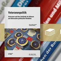 Collage aus Cover Veteranenpolitik und Bücherreihe im Hintergrund