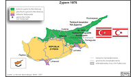 Karte von Zypern mit gelb, grüner und lila Kennzeichnung der Bevölkerung
