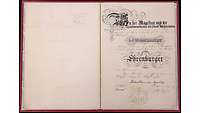 deutsche Handschrift auf Karton mit kalligraphischen Überschriften, tektiertem Siegel und Unterschriften