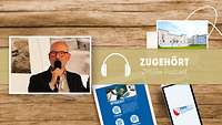 Zugehört Kachel: Mann mit Mikrofon und Brille