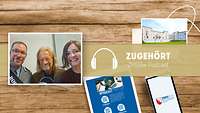 1 Mann in Uniform, 1 Mann im Anzug und 1 Frau sitzen vor dem Mikrofon im Podcastraum