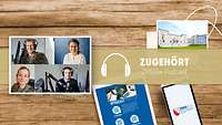 Foto 2 Frauen und 2 Männer mit Kopfhörer vor Mikrofon im Podcastraum
