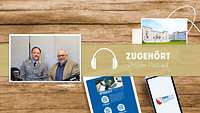 Ein Mann in Uniform und ein Mann im Anzug vor Mikrofonen im Podcastraum des ZMSBw